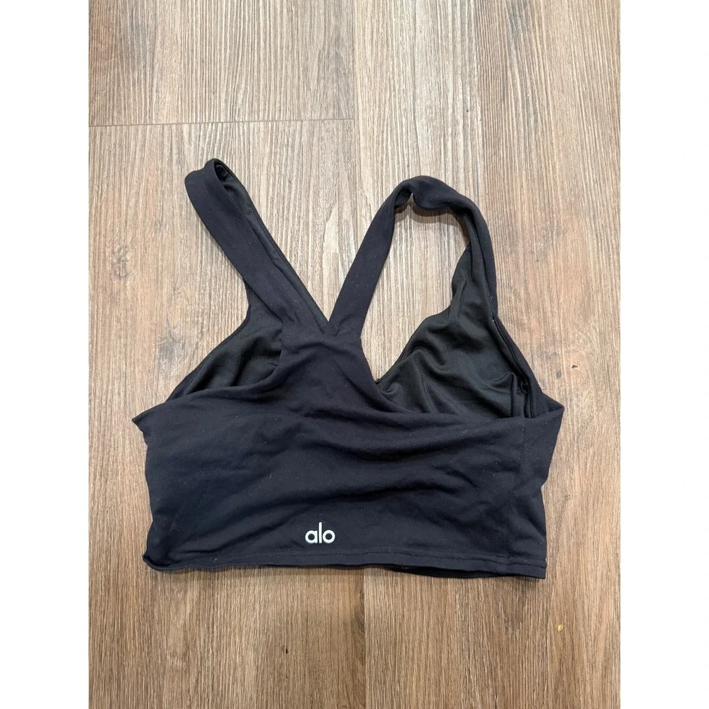 Alo Yoga Womens Black V-Neck Racerback Sports Bra Reflective Logo Size XS S